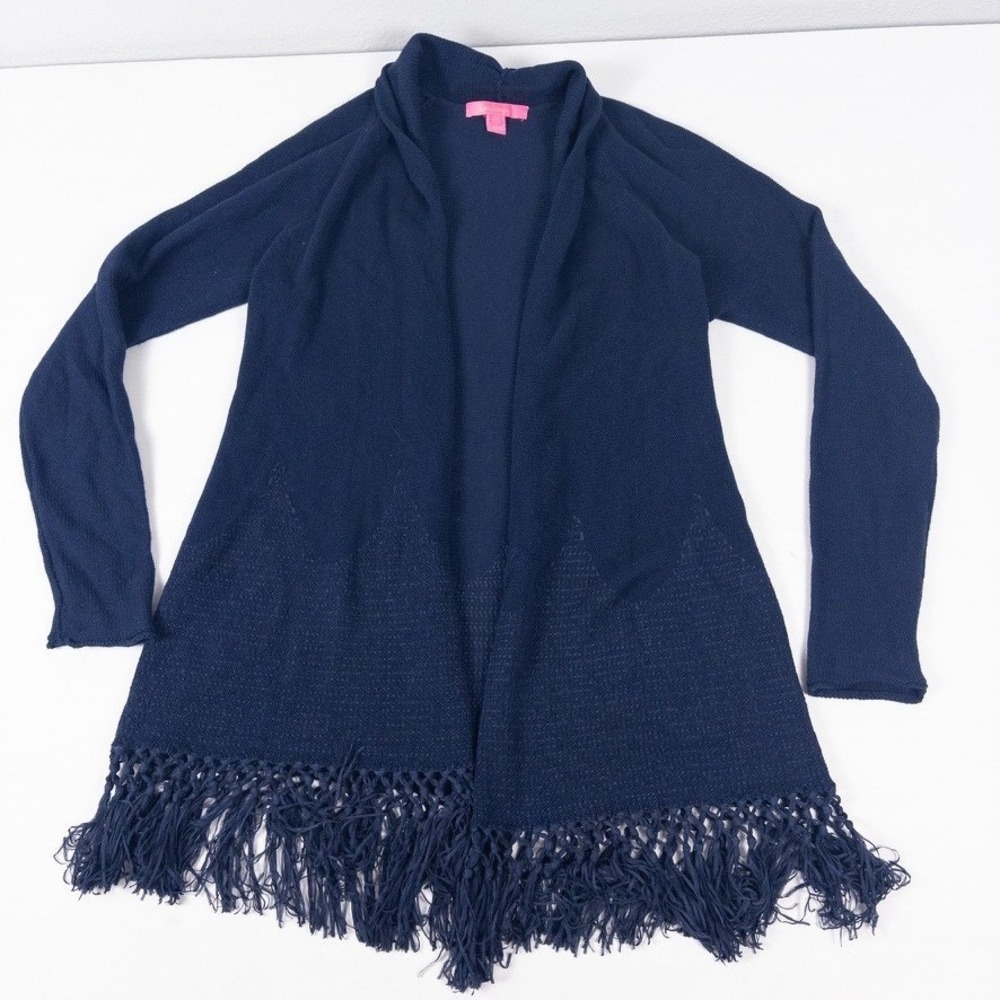 Lilly Pulitzer Tatum Cardigan Womens M Navy Blue Fringe Open Drape Front Boho